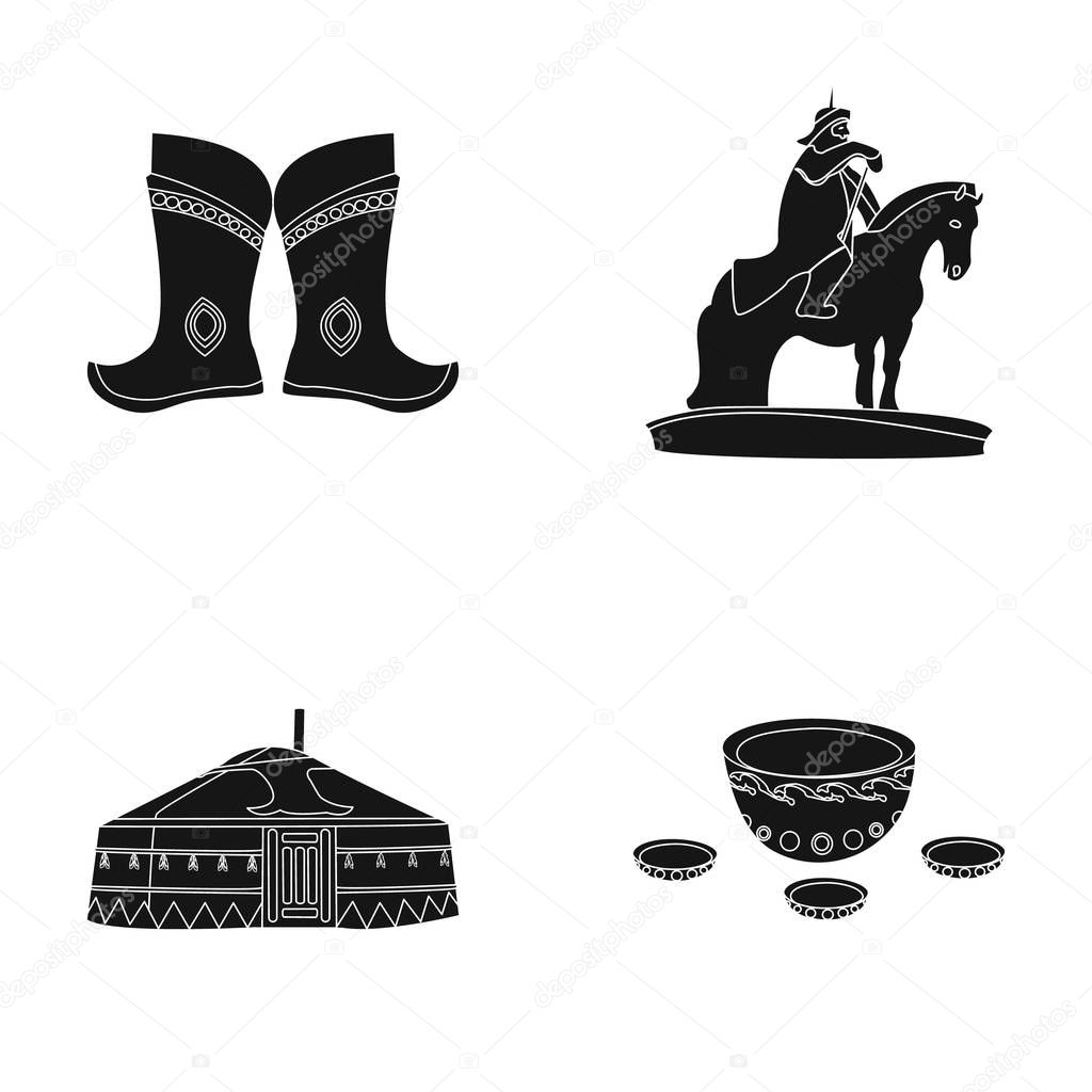 Military boots, a monument to the rider, a national tent, a milk drink. Mongolia set collection icons in black style vector symbol stock illustration .