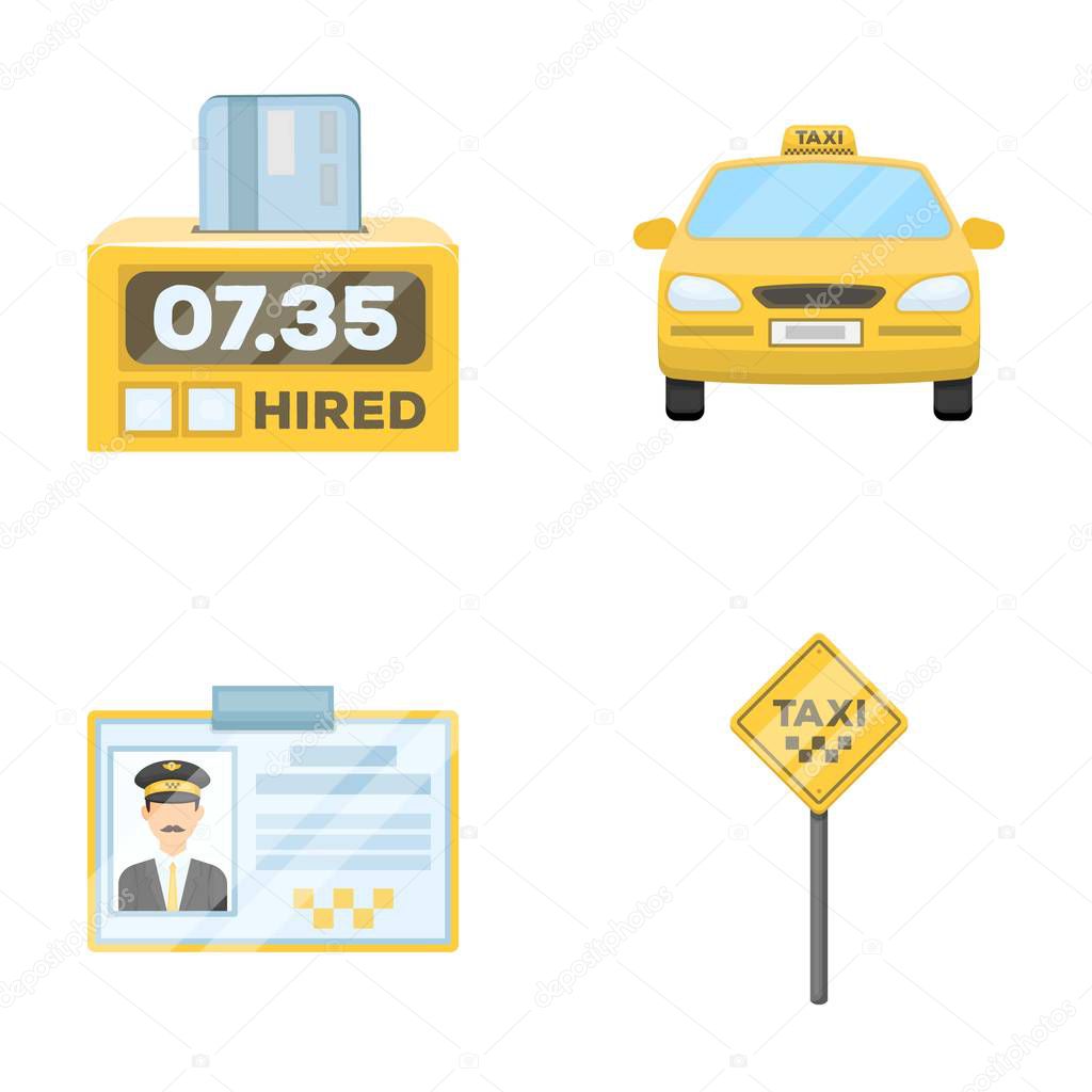 The counter of the fare in the taxi, the taxi car, the drivers badge, the parking lot of the car. Taxi set collection icons in cartoon style vector symbol stock illustration web.