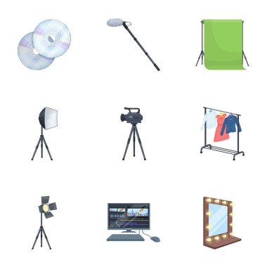 Bir film kamera, bir ışıldak, bir chromakey ve diğer ekipmanları sinema için. Toplama simgeler karikatür tarzı vektör simge stok çizim web içinde ayarla filmini.
