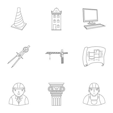 Mimarlar ve inşaat konulu simgeler kümesi. İnşaatçılar, mimarlar ve inşaat için konular. Anahat stili vektör simge stok çizim üzerinde küme koleksiyon simgesinde mimar.