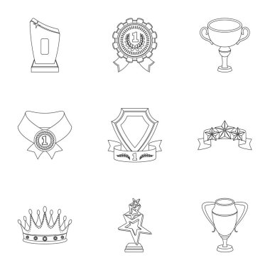 Ödülleri, altın madalya ve kupaları yarışmalar ve yarışmalarda ödül olarak. Anahat stili vektör simge stok çizim üzerinde küme koleksiyon kupalar ve ödüller simgesini.