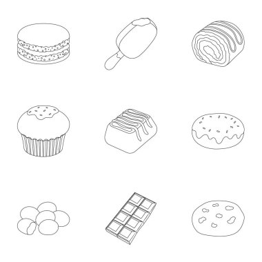 Çikolatalı tatlılar kümesi. Çikolata ürünleri insanlar için. Anahat stili vektör simge stok çizim üzerinde küme koleksiyon simgesinde çikolata tatlılar.