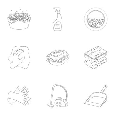 Temizleme, yıkama ve her şey onunla bağlantılı. Temizlik için simgeler kümesi. Anahat stili vektör simge stok çizim üzerinde küme koleksiyon temizlik ve hizmetçi simgesini.