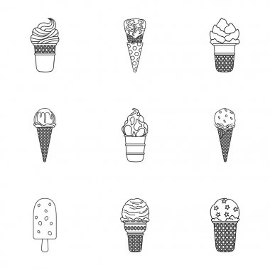 Yaz tatlılar dondurma. Buz, meyve, süt. Anahat stili vektör simge stok çizim üzerinde küme koleksiyon içinde buz creamicon.