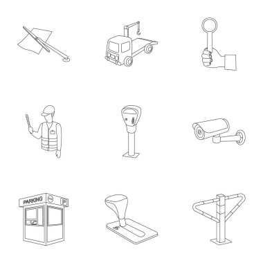 Park araba ve bisiklet için simgeler kümesi. Para cezaları ve park unsurları. Anahat stili vektör simge stok çizim üzerinde set koleksiyonundaki bölge simgesi otopark.