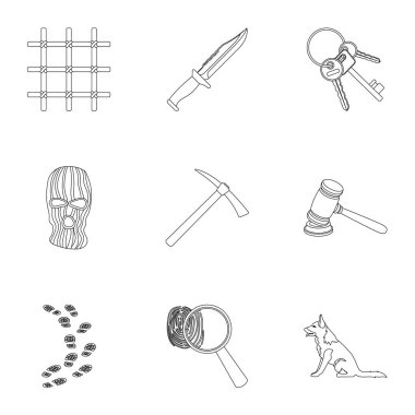 Kümesini tek bir hapishane ve mahkumlar hakkında. Gözetim hırsızlar, mahkeme, suç ve ceza. Anahat stili vektör simge stok çizim üzerinde küme koleksiyon hapishane simgesini.