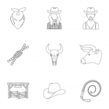 Kovboy resimleri kümesi. Kovboyların ranch, atları, silahları, kamçı. Anahat stili vektör simge stok çizim üzerinde küme koleksiyon simgesinde Rodeo.