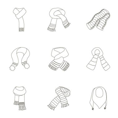 .Güzel yün, ipek, ipek renkli sıcak eşarplar, şallar. eşarp ve anahat stili ayarlamak koleksiyonu shawles simgesinde sembol stok illüstrasyon vektör.