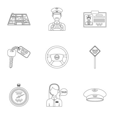 Taksi hakkında simgeler kümesi. Bir çağrı taksi şoförü, otopark. Ulaşım şehrin her yerinde. Anahat stili vektör simge stok çizim üzerinde küme koleksiyon simgesinde taksi.