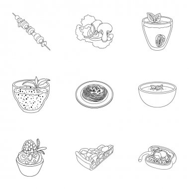 Resimler vejetaryenlik hakkında. Vejetaryen yemekleri, Gıda Vejetaryen. Sebze, meyve, ot, mantar. Anahat stili vektör simge stok çizim üzerinde küme koleksiyon simgesinde vejetaryen yemekleri.