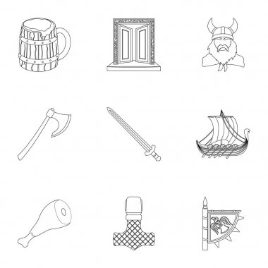 Eski savaşçılar Viking gemi. Kıyafet ve sembolleri anahat stil vektör üzerinde küme koleksiyon Vikings.Vikings simgesinde hisse senedi illüstrasyon simgesi.