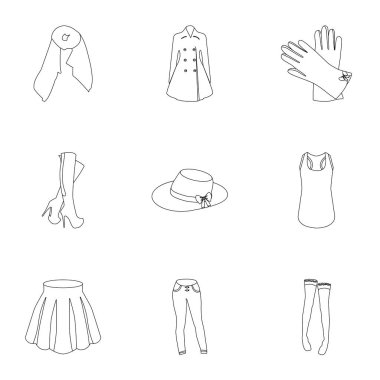 Resimleri Bayan giyim türleri hakkında. Dış Giyim ve iç çamaşırı kadın ve kız için. Kadın giysileri simgesinde anahat stili vektör simge stok çizim üzerinde küme koleksiyon.