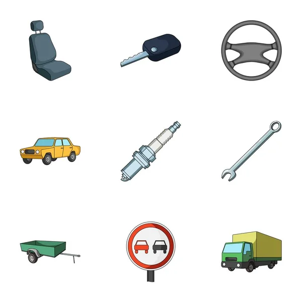 Roue, clé, cric et autres équipements. Ensemble de voiture icônes de collection dans le style de dessin animé vectoriel symbole illustration web . — Image vectorielle