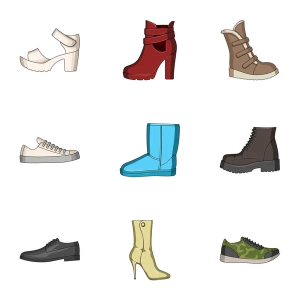 Un conjunto de iconos en una variedad de zapatos.Diferentes zapatos icono único en el estilo de dibujos animados vector símbolo stock ilustración . — Vector de stock