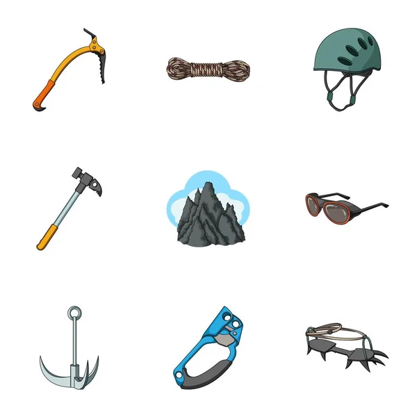 Ice ax, conquered top, mountains in the clouds and other equipment for mountaineering.Mountaineering set collection icons in cartoon style vector symbol illustration web . — стоковый вектор