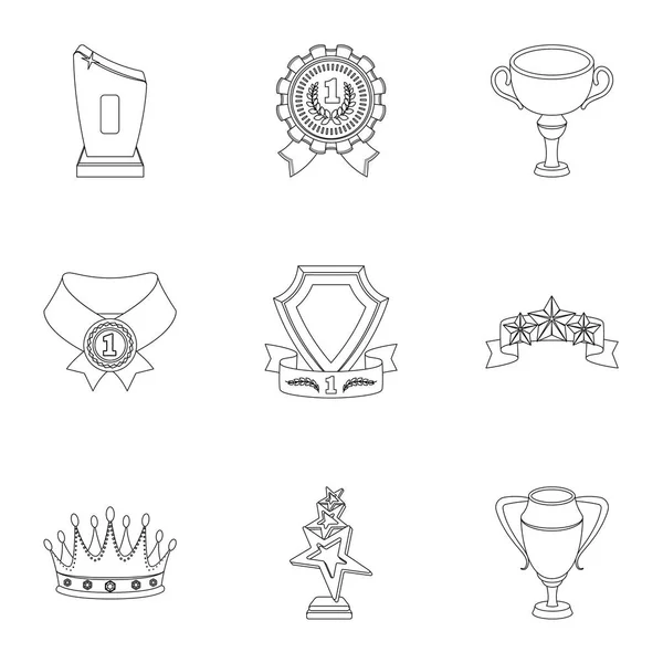 Utmärkelser, guld och koppar som priser i tävlingar och tävlingar. Troféer och utmärkelser ikonen i set samling på disposition stil vektor symbol stock illustration. — Stock vektor