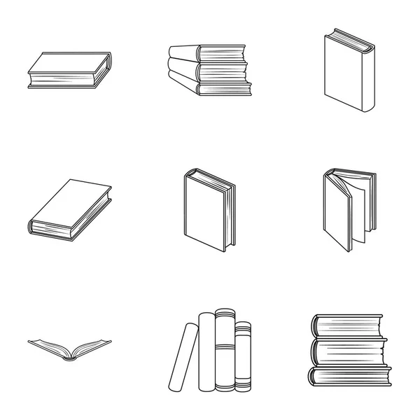 Un ensemble de photos avec des livres. Livres, cahiers, études. Icône de livres dans la collection de jeu sur l'illustration vectorielle de style contour . — Image vectorielle
