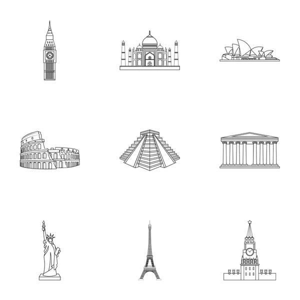 Μνημεία των χωρών του κόσμου. Διάσημα κτίρια και μνημεία από διαφορετικές χώρες και πόλεις. Εικονίδιο χώρες στο σύνολο συλλογής στο περίγραμμα στυλ διάνυσμα σύμβολο απόθεμα ενδεικτικά. — Διανυσματικό Αρχείο