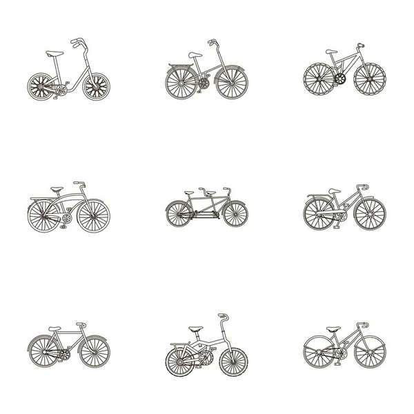 Συλλογή σε ποδήλατα με διαφορετικούς τροχούς και τα πλαίσια. Διαφορετικά Ποδήλατα σπορ και περιπάτους. Διαφορετικών ποδηλάτων εικονίδιο στο σύνολο συλλογής στο περίγραμμα στυλ διάνυσμα σύμβολο απόθεμα ενδεικτικά. — Διανυσματικό Αρχείο