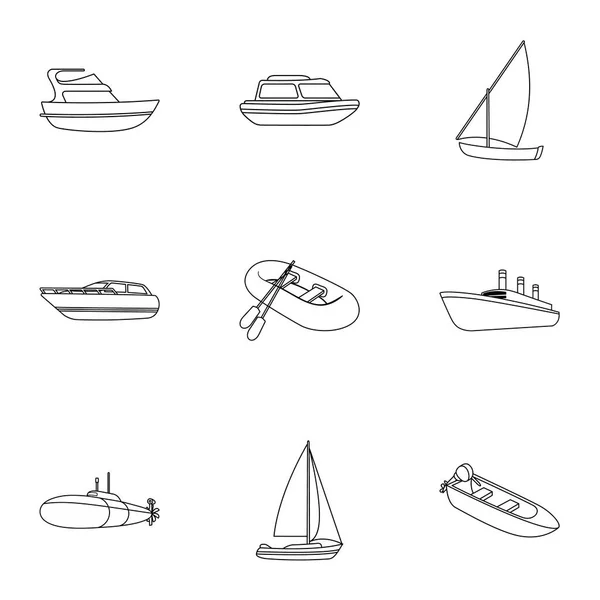 Transporte marítimo, barcos, barcos. Para transportar gente, tormentas eléctricas. Icono de transporte de barcos y agua en la colección de conjuntos en la ilustración de stock de símbolo de vector de estilo de esquema . — Archivo Imágenes Vectoriales