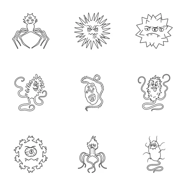 Ένα σύνολο εικόνων για βακτήρια και ιούς. Τα μικρόβια που είναι επιβλαβείς για τον άνθρωπο. ιοί και βακτήρια εικονίδιο στο σύνολο συλλογής στο στυλ διάρθωσης σύμβολο μετοχής εικονογράφηση διάνυσμα. — Διανυσματικό Αρχείο