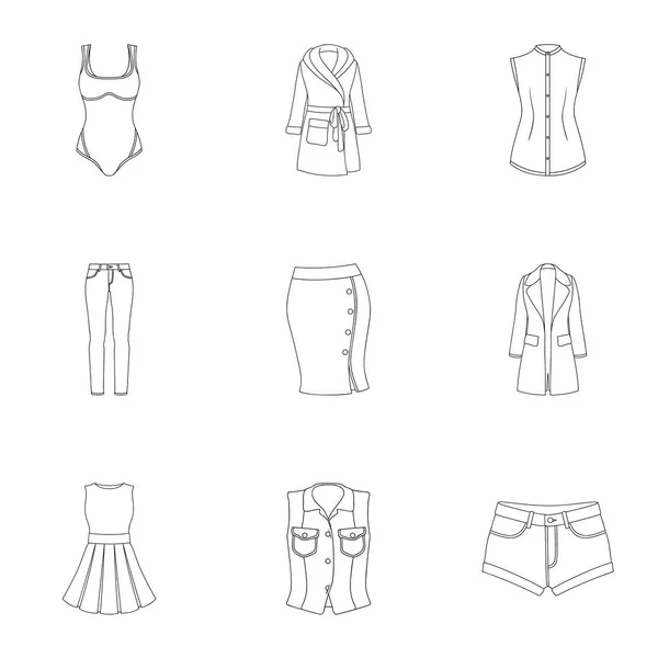 Collection of icons of womens clothing. Various womens clothes for work, walking, sports. Women clothing icon in set collection on outline style vector symbol stock illustration. — Stock Vector