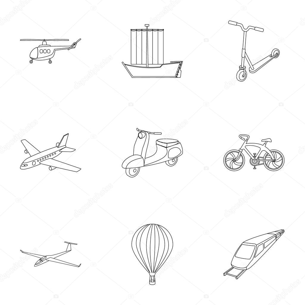 Set of pictures about types of transport. Transportation of people, cargo. Ground, underwater, air transport. Transport icon in set collection on outline style vector symbol stock illustration.