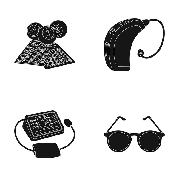 Lottery, hearing aid, tonometer, glasses.Old age set collection icons in black style vector symbol stock illustration web. — Stock Vector
