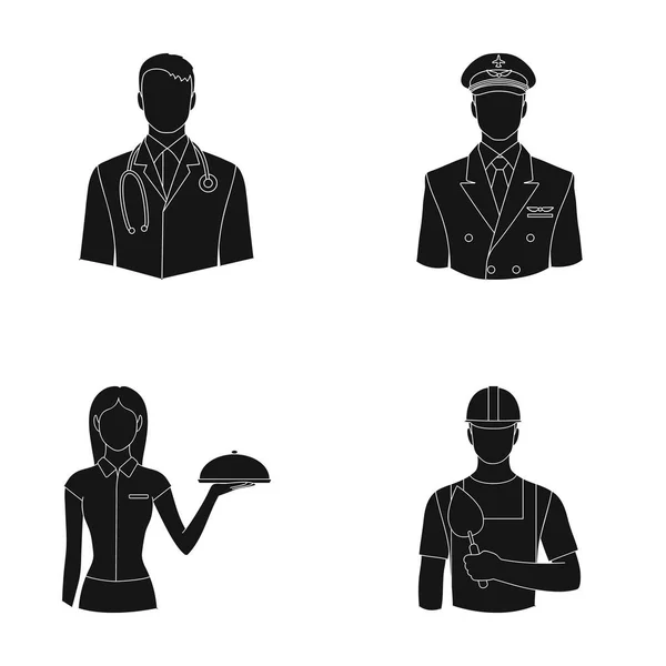 De arts, de piloot, de serveerster, de bouwer, de mason. Beroep ingesteld collectie iconen in zwarte stijl vector symbool stock illustratie web. — Stockvector