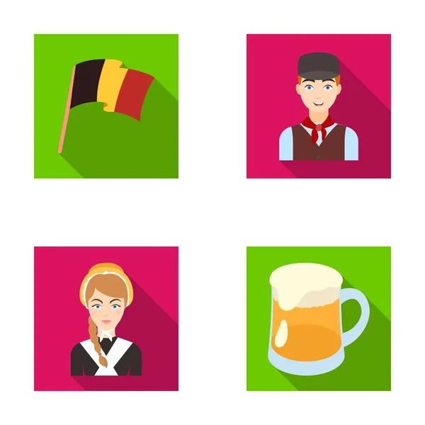 Nemzeti zászló, a belgák és a szimbólumot az ország. Belgium településen lapos stílusú vektor szimbólum stock illusztráció web ikonok gyűjtemény. — Stock Vector