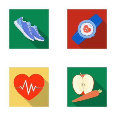 Kalp ritmi, vitaminler ve diğer ekipman eğitim için. Spor ve egzersiz toplama simgeler düz stil vektör simge stok çizim web ayarla.