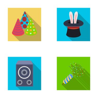 Hileci, müzik ve diğer aksesuarlar partide. Parti ve partits simgeler düz stil vektör simge stok çizim web ayarla.