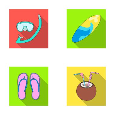 Dalış, sörf, kokteyl. Yaz tatili toplama simgeler düz stil vektör simge stok çizim web içinde ayarla..