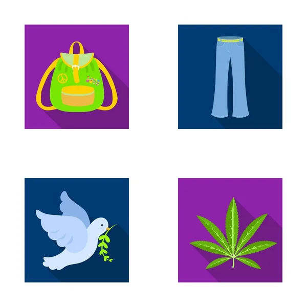A cannabis leaf, a dove, jeans, a backpack.Hippy set collection icons in flat style vector symbol stock illustration web. — Stock Vector