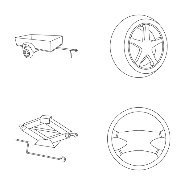 Caravana, rueda con cubierta de neumático, gato mecánico, volante, iconos de la colección del sistema de coche en el estilo de contorno vector símbolo stock ilustración web . — Vector de stock