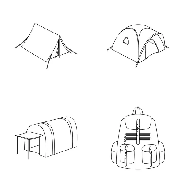Рюкзак и другие виды палаток. Иконки коллекции палаток в паутине с векторными символами очертаний . — стоковый вектор