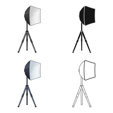 Aydınlatma aygıtının bir tripod üzerinde. Karikatür tarzı vektör simge stok çizim web içinde film tek simge yapma.