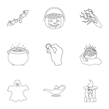 Siyah ve beyaz sihir simgeleri anahat stilinde ayarlayın. Siyah ve beyaz sihirli vektör simge stok çizim büyük toplama