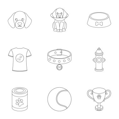 Köpek ekipman simgeleri anahat stilinde ayarlayın. Büyük koleksiyon köpek ekipman vektör simge stok çizim