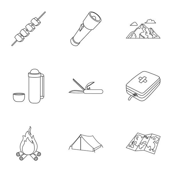 Camping ensemble icônes dans le style de contour. Grande collection de symbole vectoriel de camping illustration stock — Image vectorielle