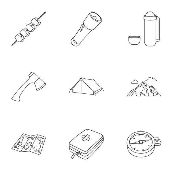 Camping set pictogrammen in kaderstijl. Grote verzameling van camping vector symbool stock illustratie — Stockvector