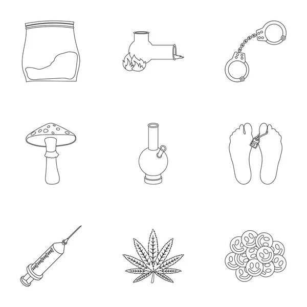 Uyuşturucu simgeleri anahat stilinde ayarlayın. İlaçların büyük koleksiyonu sembol stok illüstrasyon vektör — Stok Vektör
