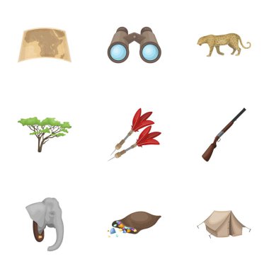 Tüfek, maske, bölge, elmas ve diğer ekipmanlar Haritası. Afrika safari toplama simgeler karikatür tarzı vektör simge stok çizim web içinde ayarla..