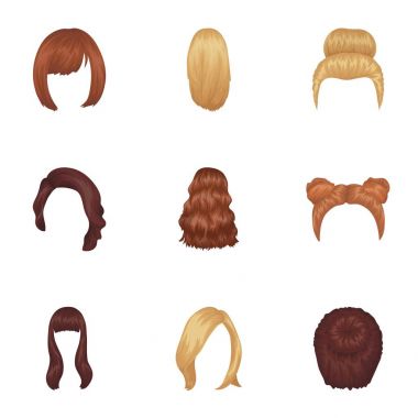 Dörtlü, sarışın örgüler ve diğer türleri saç. Arka saç toplama simgeler karikatür tarzı vektör simge stok çizim web içinde ayarla..