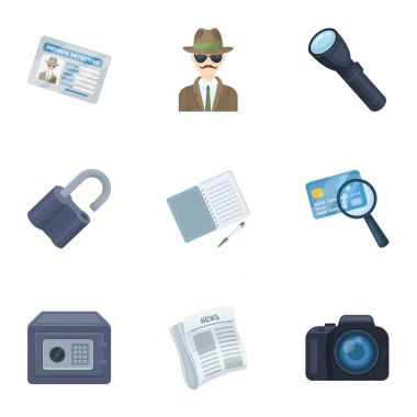 Kamera, Büyüteç, şapka, defter kalem ile. Dedektif toplama simgeler karikatür tarzı vektör simge stok çizim web içinde ayarla..