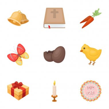 Paskalya kek, tavuk, kelebek ve tebrik oturum açın. Paskalya toplama simgeler karikatür tarzı vektör simge stok çizim web içinde ayarla..