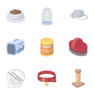 Yaka, evde beslenen hayvan yiyecek ve diğer ürünler. Evde beslenen hayvan dükkan toplama simgeler karikatür tarzı vektör simge stok çizim web içinde.