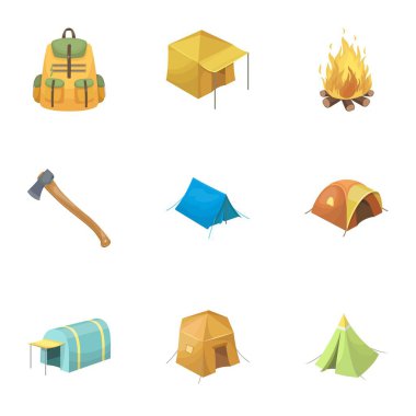 Çadır ve diğer turistik aksesuarlar çeşitli. Çadır toplama simgeler karikatür tarzı vektör simge stok çizim web içinde ayarla..
