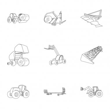 Resimler hakkında Tarım makineleri kümesi. Robotlar yere arabalara. Anahat stili vektör simge stok çizim üzerinde küme koleksiyon Tarım makineleri simgesini.