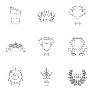 Ödülleri, altın madalya ve kupaları yarışmalar ve yarışmalarda ödül olarak. Anahat stili vektör simge stok çizim üzerinde küme koleksiyon kupalar ve ödüller simgesini.